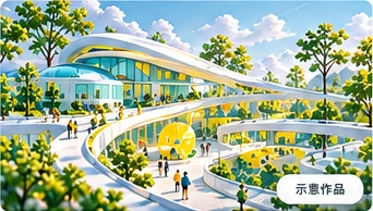未来校园：绿树环绕的白色与黄色流线建筑、空中走廊与校园生活场景
